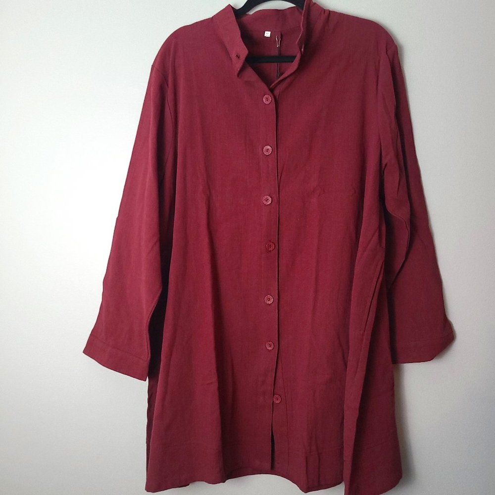 Mordemiss Burgundy Collarless Linen Button Down Lagenlook Tunic Top - 2x